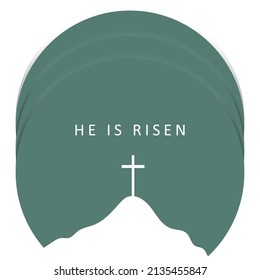 Vector illustration on the theme of Easter and Good friday. Religious banner with three crosses on Mount Calvary on abstract background with words He is risen, celebrate the resurrection