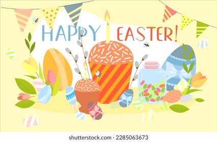 vector illustration on the theme of easter with easter eggs, buns and marshmallows, with flowers and with the inscription happy easter