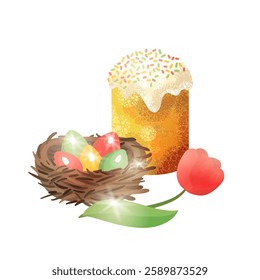 vector illustration on the theme of Easter with kulich, painted eggs in a nest and tulip on a white background.