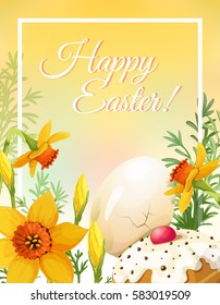 Vector illustration on the theme of Easter and spring. Poster. Daffodils, cracking eggs and sweet pastries. It achieved in a realistic style, isolated objects.