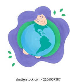 Ilustración vectorial sobre el tema de la ecología. Las chicas abrazan el planeta. Cuidado con la tierra.