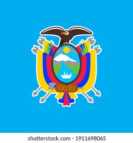 Vector illustration on theme Ecuadorian Coat of Arms, heraldic shield with national state flag, on blazon of Ecuador condor, on ribbon title text: coat of arms of ecuador, ecuadorian official heraldry
