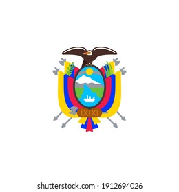 Vector illustration on theme Ecuadorian Coat of Arms, heraldic shield with national state flag, on blazon of Ecuador condor, on ribbon title text: coat of arms of ecuador, ecuadorian official heraldry