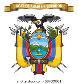 Vector illustration on theme Ecuadorian Coat of Arms, heraldic shield with national state flag, on blazon of Ecuador condor, on ribbon title text: coat of arms of ecuador, ecuadorian official heraldry