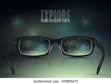 Vector illustration on the theme of education, astronomy, cosmos. Black stylish realistic glasses close-up on a background of blurred night sky. For poster, adv, web template.