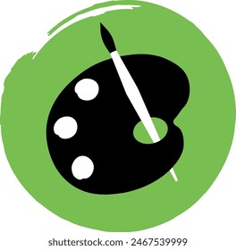 Vector illustration on the theme of education.Palette with paints and brush. In line art style. Black and white. Vector.