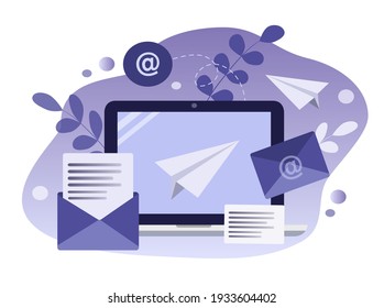 vector illustration on the theme of emails. laptop screen and letters, envelopes. business correspondence, e-mails, instant messengers, online communication. flat illustration for web, magazines, app