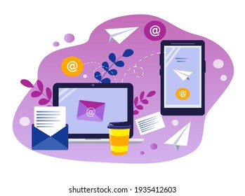 vector illustration on the theme of emails. laptop screen, smartphone and letters, envelopes. business correspondence, e-mails, instant messengers. flat illustration for websites, magazines, app