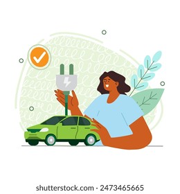 Vector illustration on the theme of energy saving and environmental protection. The girl holds a car charger in her hands.