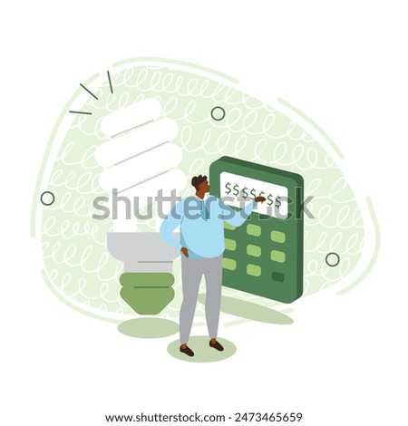 Vector illustration on the theme of energy saving and energy costs. Alternative energy. Environment protection. A man stands and calculates electricity costs on a calculator.