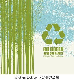 Vector illustration on the theme of environmental protection with the words Go green, Save our planet. Abstract silhouettes of trees on a blue background. Recycle Reduce Reuse. Eco Poster Concept