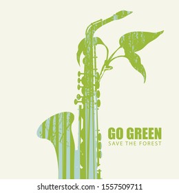 Vector illustration on the theme of environmental protection with the words Go green, Save the forest. Abstract poster in the form of saxophone and twig with silhouettes of trees. Eco Poster Concept