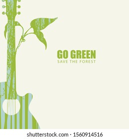 Vector illustration on the theme of environmental protection with the words Go green, Save the forest. Abstract poster in the form of guitar and twig with silhouettes of trees. Eco Poster Concept