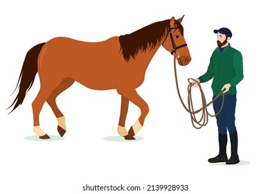 vector illustration on the theme of equestrian sports. A man holds a horse on a leash. Training and walking with a horse