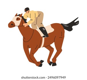 Vector illustration on the theme of equestrian sport featuring a male jockey riding a horse, suitable for racing and outdoor activities. Flat style on isolated background.