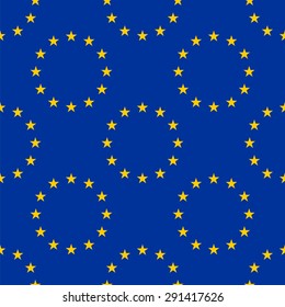 Vector illustration on the theme of the European Union. Twelve golden stars on a blue background. Endless repeating seamless vector pattern. Wallpaper or background for political articles and posters.