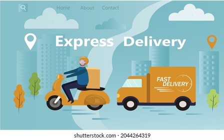 vector illustration on the theme of express delivery, banner for the site. a courier on a scooter carries a box, delivery van. trend illustration in flat style