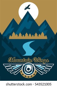Vector illustration on the theme of extreme sport and mountain biking. Landscape, forest, fresh air. The invitation to the event. Mount, eagle, feathers, angel, wheel.