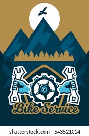 Vector illustration on the theme of extreme sport and mountain biking. Landscape, forest, fresh air. The invitation to the event. A bicycle sprocket and hand holding a wrench on the sides.