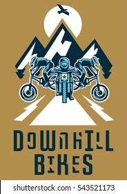 Vector illustration on the theme of extreme sport and mountain biking. Landscape, forest, fresh air. The invitation to the event. Cyclists downhill from the mountains