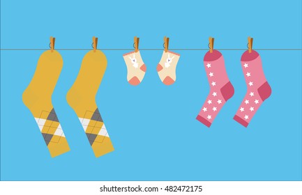 Vector Illustration On The Theme Of Family And Home. Socks For Mom, Dad And The Baby Washed And Dried On A Rope.