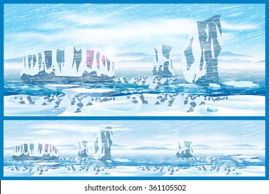 Vector illustration on the theme of the Far North. Icebergs in the Arctic Ocean and arctic blizzard. Seamless horizontally if needed.