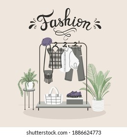 Vector illustration on the theme of fashion and beauty industry. Female trendy clothes on hangers. Flat art for use in design