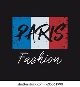 Vector illustration on the theme of fashion in Paris. The French flag. Grunge background.  Typography, t-shirt graphics, print, poster, banner, flyer, postcard