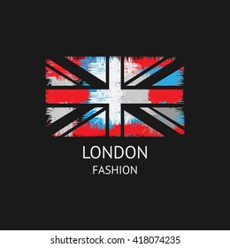 Vector illustration on the theme of fashionable London. Stylized British flag.  Grunge design.  Typography, t-shirt graphics, poster, banner, flyer, postcard

