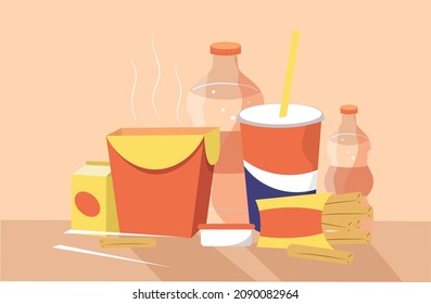 vector illustration on the theme of fast food. box of noodles, paper cup of sweet soda, bottle of water and fries. trend illustration in flat style