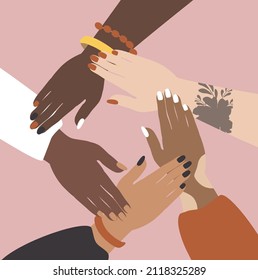 vector illustration on the theme of female solidarity, feminism, body positive. the hands of women of different races reach out to each other. trend illustration in flat style