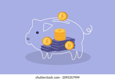 
vector illustration on the theme of financial savings. piggy bank, inside of which are stacks of bills and coins. trend illustration in flat style