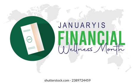 Ilustración vectorial sobre el tema del Mes de Bienestar Financiero que se observa cada año durante el mes de enero.banner, vacaciones, afiche, tarjeta y diseño de fondo.