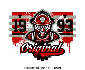 Vector illustration on the theme of fire, rescue squad, dangerous work. Grunge effect, text, lettering. Typography, T-shirt graphics, print, banner, poster, flyer.