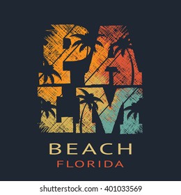 Vector illustration on the theme of Florida, Palm Beach. Grunge background.  Typography, t-shirt graphics, poster, banner, flyer, postcard