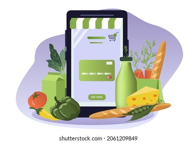 vector illustration on the theme of food delivery, online store, applications for ordering food, online grocery . food and smartphone screen. trend illustration in flat style