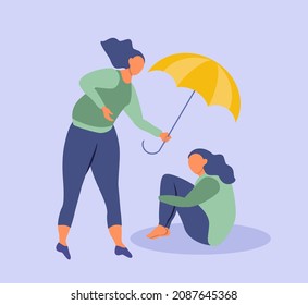 vector illustration on the theme of friendship, support, acceptance and psychological assistance. a woman holds out an umbrella to another crying woman. trend illustration in flat style