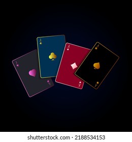 Vector illustration on the theme of gambling. Four aces of different colors and designs on a dark blue background. For online applications, advertising companies.