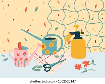 Ilustración vectorial sobre el tema del jardín, la jardinería, la vida en el campo. ilustración sobre ecología y cuidado de plantas. 