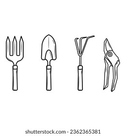 Vector illustration on the theme of garden tools. planting trowel, secateurs, hand cultivator, planting fork in outline style on white background
