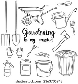 ilustración vectorial sobre el tema herramientas de jardín conjunto de herramientas de jardín en cubo estilo contorno, pala, horquilla, guantes, secateurs, cultivador de mano, tenedor de plantación sobre fondo blanco