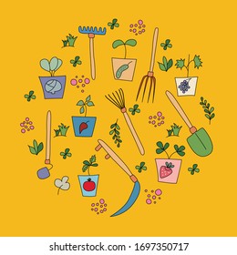 vector illustration on the theme of gardening - garden tools, seedlings of plants in a bright style