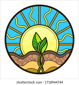 Vector illustration on the theme of gardening; germinate in the context of the earth; leaves in the sun and roots on the earth; zentangle image; texture pattern of a sprout in nature; form for emblem 