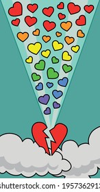 vector illustration on the theme of gay pride in bright colors with clouds, rays and hearts for screensaver in a smartphone