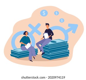 vector illustration on the theme of gender inequality in salaries, gender gap. man and woman on different stacks of banknotes. trend illustration in flat style