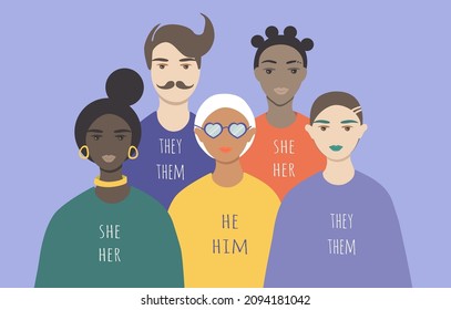 vector illustration on the theme of gender diversity, people with non-binary gender identity, transgender people. people and pronouns. trend illustration in flat style