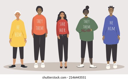 vector illustration on the theme of gender diversity, people with non-binary gender identity, transgender people. people and pronouns. trend illustration in flat style