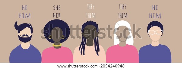 vector\
illustration on the theme of gender diversity, people with\
non-binary gender identity, transgender people. people and \
pronouns. trend illustration in flat\
style