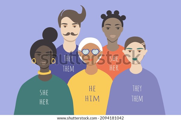 vector\
illustration on the theme of gender diversity, people with\
non-binary gender identity, transgender people. people and\
pronouns. trend illustration in flat\
style