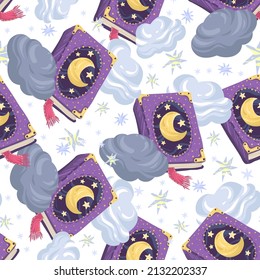 Vector illustration on theme Good night, seamless pattern with  fairy tale book, clouds, stars,  light background